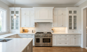 white kitchen cabinet with wall bridge
